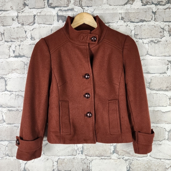 Banana Republic Wool Pea Coat High Collar Floral Lining Rust Size XS - Picture 2 of 16